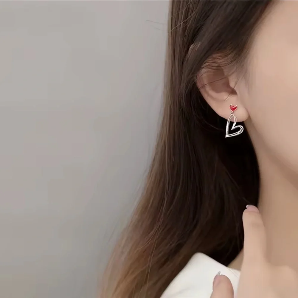 Korean Red Heart Tassel Earrings – Asymmetric Zircon & Pearl Studs ♥️ A7-233